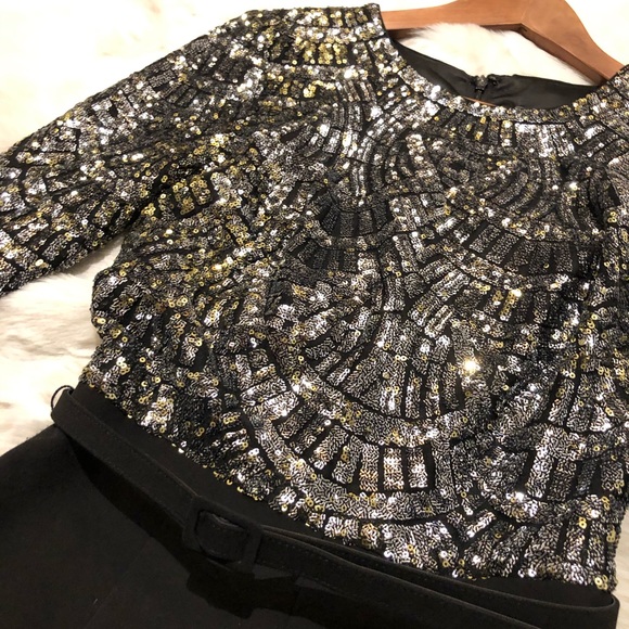 VINCE CAMUTO Belted Sequin & Crepe Jumpsuit - Picture 2 of 6